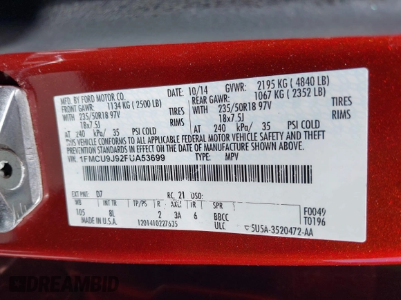 2015 Ford Escape Titanium with VIN 1FMCU9J92FUA53699, listed as a IAAI auction lot 40500310 with 197,581 mi miles. Bid and sale history available at carsss.com. Image 9.