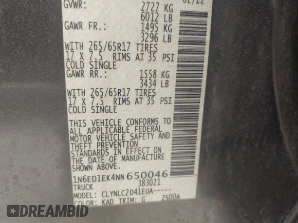 2022 Nissan Frontier SV with VIN 1N6ED1EK4NN650046, listed as a IAAI auction lot 41940072 with 48,967 mi miles and . Bid and sale history available at DreamBid. Image 9.