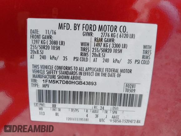 2017 Ford Explorer XLT with VIN 1FM5K7D80HGB43893, listed as a IAAI auction lot 42291363 with 140,822 mi miles and . Bid and sale history available at DreamBid. Image 9.