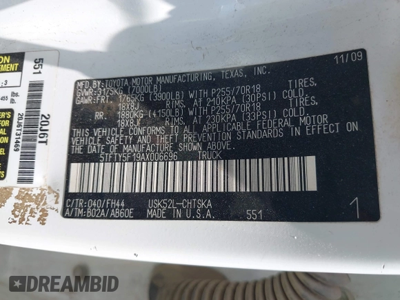 2010 Toyota Tundra SR with VIN 5TFTY5F19AX006696, listed as a IAAI auction lot 42379570 with 332,246 mi miles and . Bid and sale history available at DreamBid. Image 9.