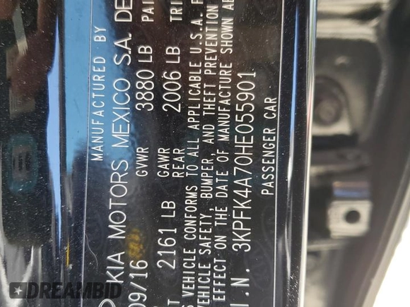 2017 Kia Forte LX with VIN 3KPFK4A70HE055901, listed as a Copart auction lot 54274885 with 159,185 mi miles and Salvage Title. Bid and sale history available at carsss.com. Image 12.