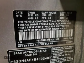 2011 Saab 9-5 Turbo4 with VIN YS3GN4AR4B4002407, listed as a Copart auction lot 45493675 with 212,299 mi miles and Clean Title. Bid and sale history available at carsss.com. Image 12.