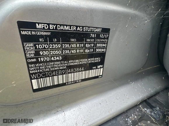 2018 Mercedes-Benz GLA with VIN WDCTG4EB9JJ483844, listed as a Copart auction lot 82016844 with 85,983 mi miles and Clean Title. Bid and sale history available at carsss.com. Image 10.