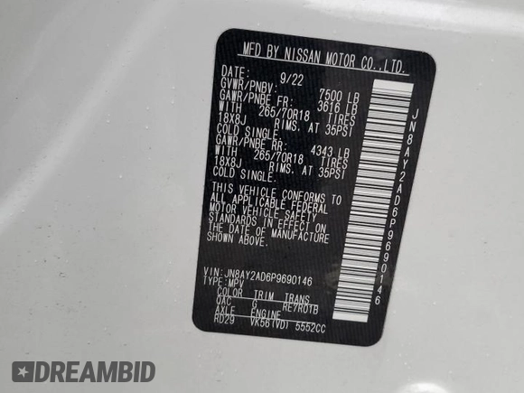 2023 Nissan Armada SV with VIN JN8AY2AD6P9690146, listed as a Copart auction lot 73683214 with Not provided miles and Salvage title. Bid and sale history available at DreamBid. Image 13.