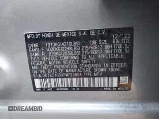 2023 Honda HR-V LX with VIN 3CZRZ1H34PM723904, listed as a IAAI auction lot 42473267 with 18,181 mi miles and . Bid and sale history available at DreamBid. Image 9.