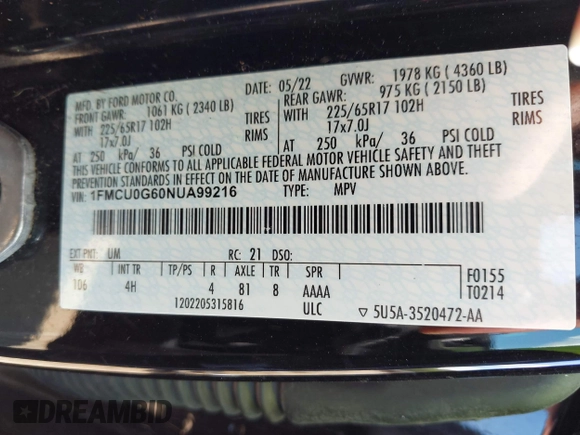 2022 Ford Escape SE z VIN 1FMCU0G60NUA99216, wystawiony jako IAAI lot #42527272 z przebiegiem 75 939 mil mil oraz . Historia ofert i sprzedaży dostępna na DreamBid. Obrazek 9.