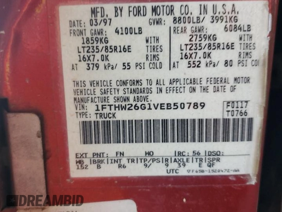 1997 Ford F-250 with VIN 1FTHW26G1VEB50789, listed as a Copart auction lot 47265135 with 207,137 mi miles and Clean title. Bid and sale history available at DreamBid. Image 12.