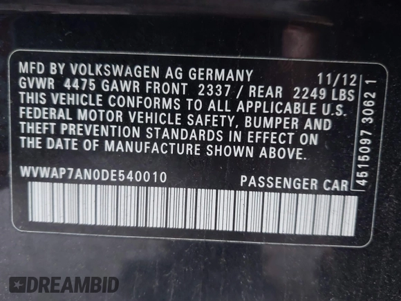2013 Volkswagen CC Sport with VIN WVWAP7AN0DE540010, listed as a IAAI auction lot 41837983 with 277,144 mi miles. Bid and sale history available at carsss.com. Image 9.