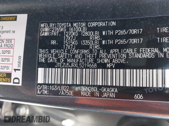 2020 Toyota 4Runner SR5 with VIN JTEZU5JRXL5219668, listed as a IAAI auction lot 42328511 with 99,970 mi miles and . Bid and sale history available at DreamBid. Image 9.