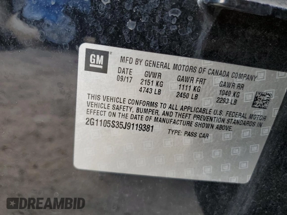 2018 Chevrolet Impala LT with VIN 2G1105S35J9119381, listed as a Copart auction lot 54909595 with 167,464 mi miles and Salvage Title. Bid and sale history available at DreamBid. Image 12.