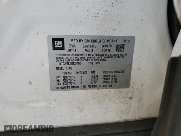 2021 Chevrolet Trax LT with VIN KL7CJPSBXMB357145, listed as a Copart auction lot 60396855 with 101,700 mi miles and Clean title. Bid and sale history available at DreamBid. Image 12.