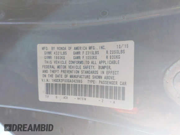 2016 Honda Accord Sport with VIN 1HGCR2F50GA042885, listed as a IAAI auction lot 41295382 with 115,362 mi miles and . Bid and sale history available at DreamBid. Image 9.