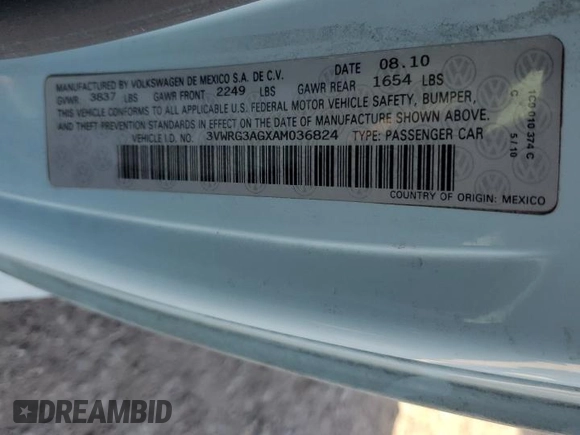 2010 Volkswagen Beetle with VIN 3VWRG3AGXAM036824, listed as a Copart auction lot 49136755 with 72,442 mi miles and Salvage title. Bid and sale history available at DreamBid. Image 12.