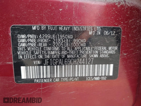 2012 Subaru Impreza Special Sports Premium с VIN JF1GPAL69CH244127, выставлен на аукционе IAAI как лот 42469811 с пробегом 142 448 миль миль и . История ставок и продаж доступна на DreamBid. Изображение 9.