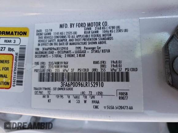 2020 Ford Fusion Titanium with VIN 3FA6P0D96LR152910, listed as a Copart auction lot 55389355 with 105,690 mi miles and Salvage title. Bid and sale history available at DreamBid. Image 12.