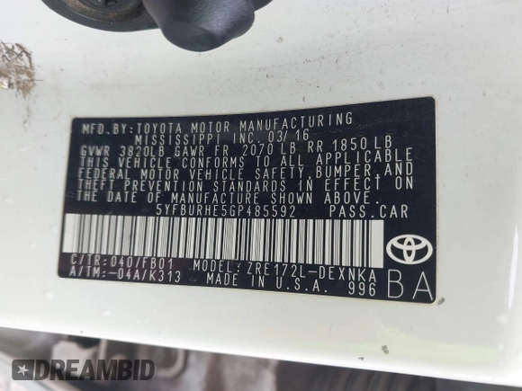 2016 Toyota Corolla L with VIN 5YFBURHE5GP485592, listed as a IAAI auction lot 41930690 with 121,861 mi miles and . Bid and sale history available at DreamBid. Image 9.