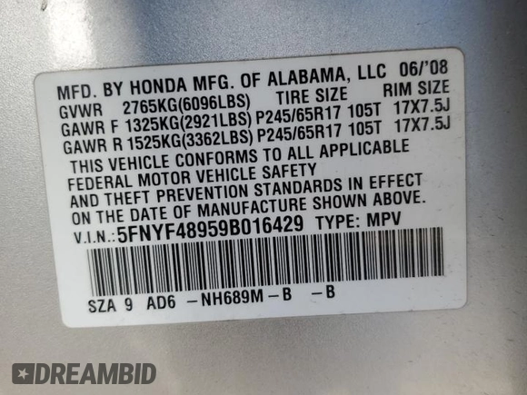 2009 Honda Pilot Touring with VIN 5FNYF48959B016429, listed as a Copart auction lot 42912795 with 173,377 mi miles and Salvage Title. Bid and sale history available at carsss.com. Image 14.
