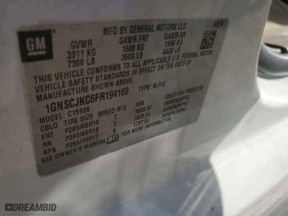 2015 Chevrolet Suburban LT with VIN 1GNSCJKC6FR194168, listed as a Copart auction lot 48322415 with 140,767 mi miles and Salvage Title. Bid and sale history available at carsss.com. Image 14.