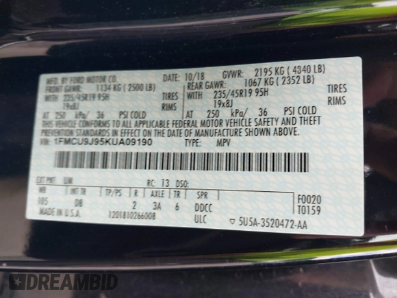 2019 Ford Escape Titanium с VIN 1FMCU9J95KUA09190, выставлен на аукционе IAAI как лот 42539445 с пробегом 61 027 миль миль и . История ставок и продаж доступна на DreamBid. Изображение 9.