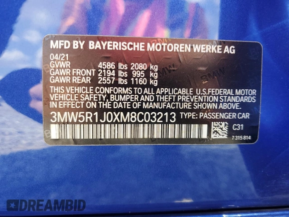 2021 BMW 3 Series 330i with VIN 3MW5R1J0XM8C03213, listed as a Copart auction lot 49026035 with 54,051 mi miles and Salvage Title. Bid and sale history available at carsss.com. Image 15.