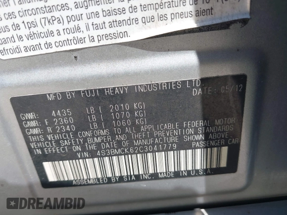 2012 Subaru Legacy Limited with VIN 4S3BMCK62C3041779, listed as a IAAI auction lot 42142232 with 130,337 mi miles and . Bid and sale history available at carsss.com. Image 9.