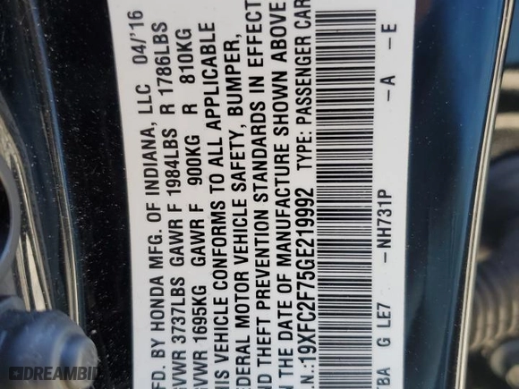 2016 Honda Civic Sedan EX with VIN 19XFC2F75GE219992, listed as a Copart auction lot 45387505 with 87,913 mi miles and Salvage Title. Bid and sale history available at carsss.com. Image 14.