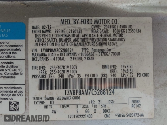 2012 Ford Mustang Premium with VIN 1ZVBP8AM7C5288124, listed as a IAAI auction lot 42280797 with 188,223 mi miles and . Bid and sale history available at DreamBid. Image 9.