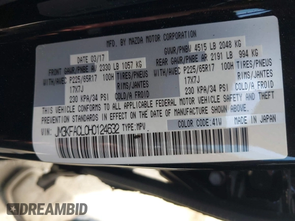 2017 Mazda CX-5 Touring with VIN JM3KFACL0H0124632, listed as a IAAI auction lot 42134971 with 107,029 mi miles and . Bid and sale history available at carsss.com. Image 9.