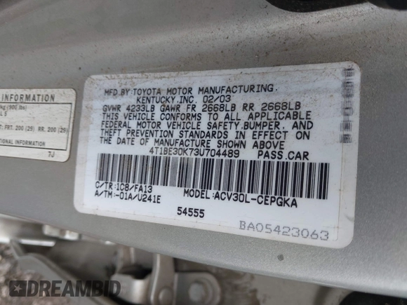 2003 Toyota Camry LE with VIN 4T1BE30K73U704489, listed as a IAAI auction lot 41905778 with Not Provided miles and . Bid and sale history available at DreamBid. Image 9.