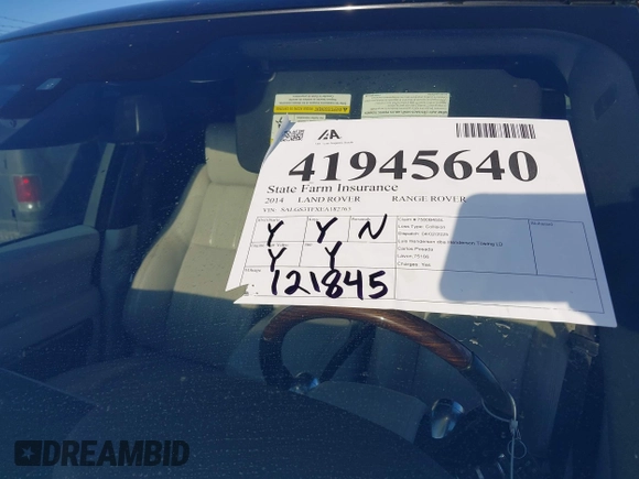 2014 Land Rover Range Rover Supercharged with VIN SALGS3TFXEA182763, listed as a IAAI auction lot 41945640 with 121,845 mi miles and . Bid and sale history available at DreamBid. Image 18.