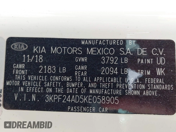 2019 Kia Forte LXS with VIN 3KPF24AD5KE058905, listed as a IAAI auction lot 42483098 with 53,776 mi miles and . Bid and sale history available at DreamBid. Image 9.