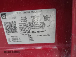 2018 Chevrolet Traverse High Country with VIN 1GNEVKKW0JJ106147, listed as a IAAI auction lot 41995736 with 95,512 mi miles. Bid and sale history available at carsss.com. Image 9.