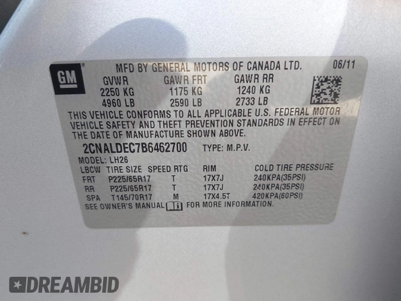 2011 Chevrolet Equinox LT w/1LT with VIN 2CNALDEC7B6462700, listed as a IAAI auction lot 42084230 with 109,925 mi miles. Bid and sale history available at carsss.com. Image 9.