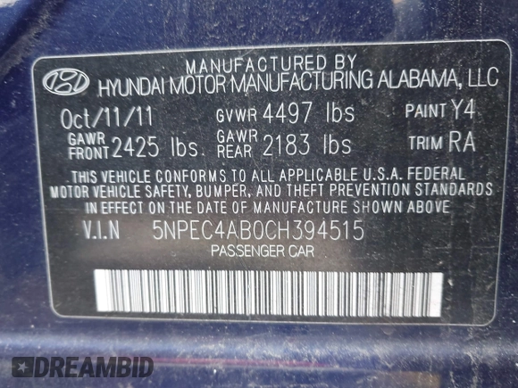 2012 Hyundai Sonata SE with VIN 5NPEC4AB0CH394515, listed as a IAAI auction lot 42141968 with Not Provided miles and . Bid and sale history available at carsss.com. Image 9.