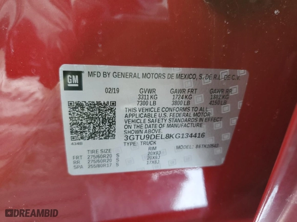 2019 GMC Sierra 1500 SLT with VIN 3GTU9DEL8KG134416, listed as a Copart auction lot 46343595 with 71,659 mi miles and Salvage Title. Bid and sale history available at carsss.com. Image 12.