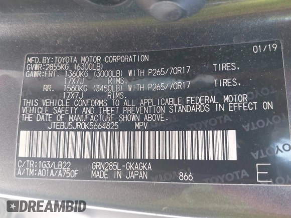 2019 Toyota 4Runner SR5 с VIN JTEBU5JR0K5664825, выставлен на аукционе IAAI как лот 42104780 с пробегом 64 209 миль миль и . История ставок и продаж доступна на DreamBid. Изображение 9.