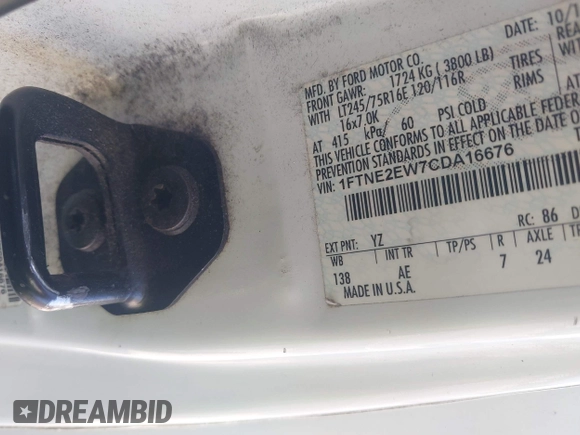 2012 Ford Econoline Cargo Recreational with VIN 1FTNE2EW7CDA16676, listed as a IAAI auction lot 42882570 with 160,507 mi miles and . Bid and sale history available at DreamBid. Image 9.