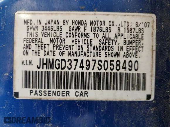 2007 Honda Fit with VIN JHMGD37497S058490, listed as a Copart auction lot 52173575 with 177,145 mi miles and Salvage Title. Bid and sale history available at carsss.com. Image 12.