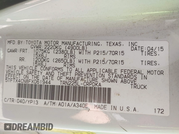 2015 Toyota Tacoma with VIN 5TFTX4CN8FX061944, listed as a IAAI auction lot 42451094 with 89,669 mi miles and . Bid and sale history available at DreamBid. Image 9.
