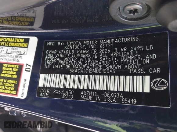 2021 Lexus ES with VIN 58ACA1C15MU010045, listed as a IAAI auction lot 41545909 with 24,694 mi miles. Bid and sale history available at carsss.com. Image 9.