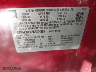 2012 GMC Terrain SLT-2 with VIN 2GKALWEK8C6204151, listed as a IAAI auction lot 41377221 with 108,919 mi miles. Bid and sale history available at carsss.com. Image 9.