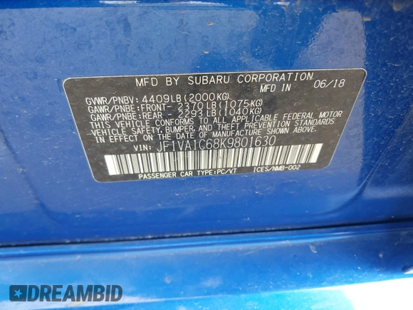 2019 Subaru WRX Premium with VIN JF1VA1C68K9801630, listed as a IAAI auction lot 42023028 with 48,772 mi miles and . Bid and sale history available at DreamBid. Image 9.