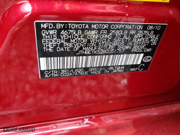 2011 Lexus GS 350 with VIN JTHBE1KS2B0051757, listed as a Copart auction lot 85427604 with 99,477 mi miles and Salvage Title. Bid and sale history available at carsss.com. Image 12.