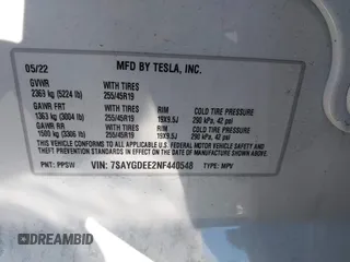2022 Tesla Model Y Long Range with VIN 7SAYGDEE2NF440548, listed as a IAAI auction lot 41360276 with 19,714 mi miles and . Bid and sale history available at carsss.com. Image 9.