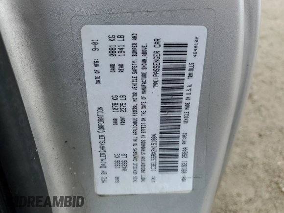 2002 Chrysler Sebring LXi with VIN 1C3EL55RX2N151004, listed as a Copart auction lot 85811704 with 187,000 mi miles and Salvage title. Bid and sale history available at DreamBid. Image 12.