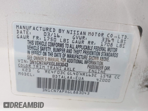 2016 Nissan Versa SV with VIN 3N1CN7APXGL883043, listed as a IAAI auction lot 41659677 with 161,159 mi miles and . Bid and sale history available at carsss.com. Image 9.