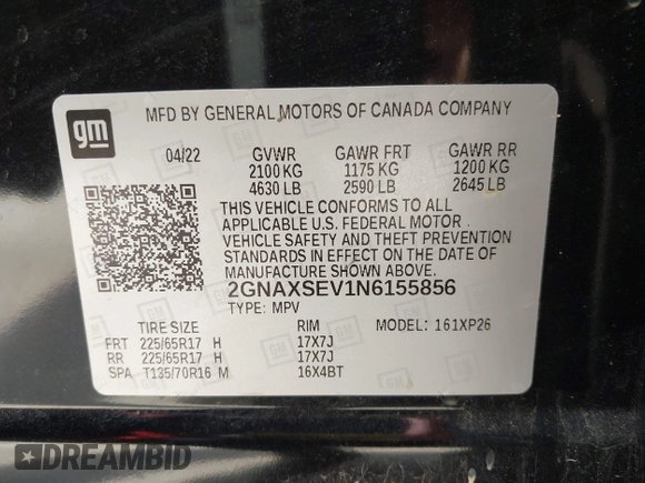 2022 Chevrolet Equinox LS с VIN 2GNAXSEV1N6155856, выставлен на аукционе IAAI как лот 42440599 с пробегом 22 911 миль миль и . История ставок и продаж доступна на DreamBid. Изображение 9.