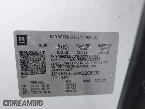 2019 GMC Acadia SLE with VIN 1GKKNSLS9KZ288333, listed as a IAAI auction lot 41272495 with 78,350 mi miles and . Bid and sale history available at DreamBid. Image 9.