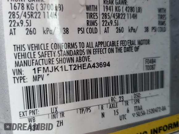 2017 Ford Expedition Max Platinum with VIN 1FMJK1LT2HEA43694, listed as a Copart auction lot 53246305 with 52,926 mi miles and Salvage title. Bid and sale history available at DreamBid. Image 13.
