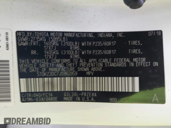 2018 Toyota Sienna LE Auto Access Seat with VIN 5TDKZ3DC7JS962959, listed as a IAAI auction lot 41614517 with 89,362 mi miles. Bid and sale history available at carsss.com. Image 9.
